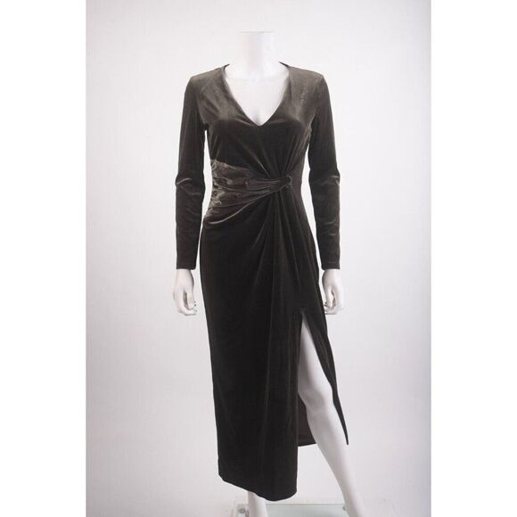 Zara Velvet Midi Dress Khaki Green Gathered Knot Front M Medium 8658/887 NWT